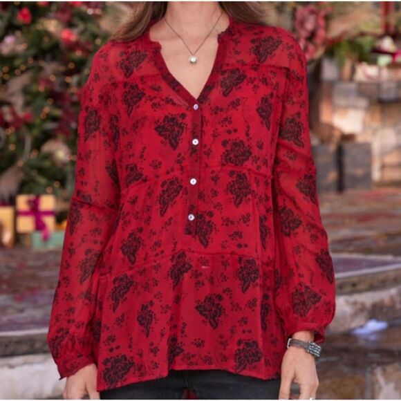SUNDANCE Elodie Red Floral Tiered Sheer Blouse, Sz XS - Picture 1 of 12